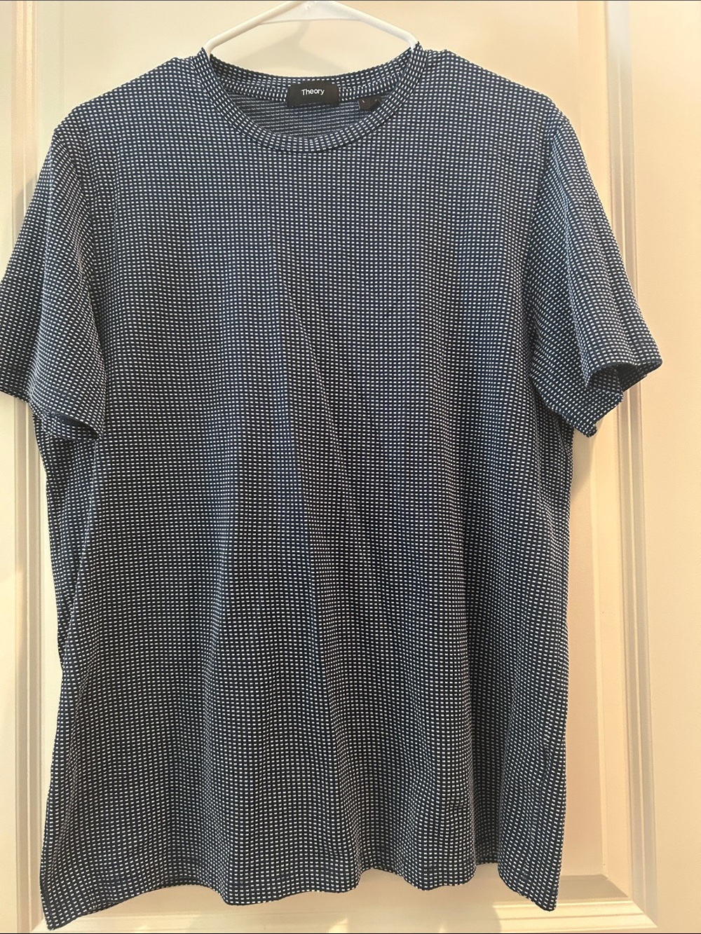 Theory Patterned Navy Short-Sleeve Crewneck Tee T-Shirt detail@cuff & hem size L